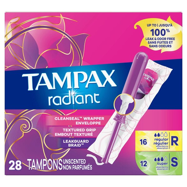 Tampax Radiant Plastic Tampons Duopack Regular/Super Absorbency, Unscented, 32CT