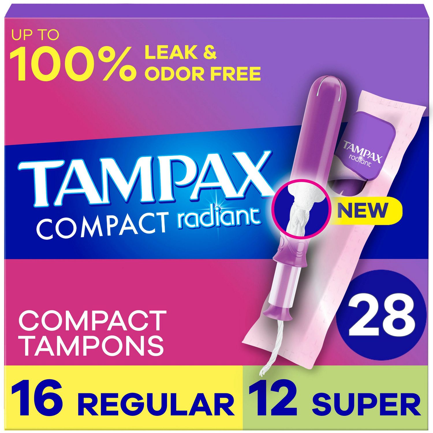 Tampax Pocket Radiant Compact Tampons Duo Pack Regular/Super Absorbency, Unscented, 28 Count