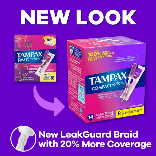 Tampax Pocket Radiant Compact Tampons Duo Pack Regular/Super Absorbency, Unscented, 28 Count