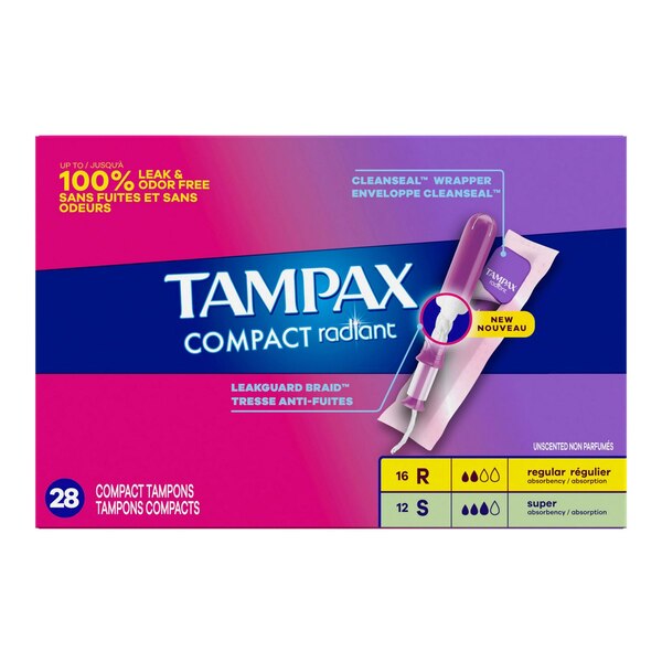 Tampax Pocket Radiant Compact Tampons Duo Pack Regular/Super Absorbency, Unscented, 28 Count