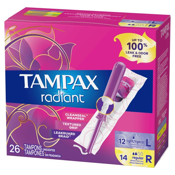 Tampax Radiant Tampons Duo Pack, Unscented, Light/Regular, 26 CT