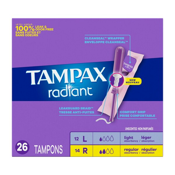 Tampax Radiant Tampons Duo Pack, Unscented, Light/Regular, 26 CT
