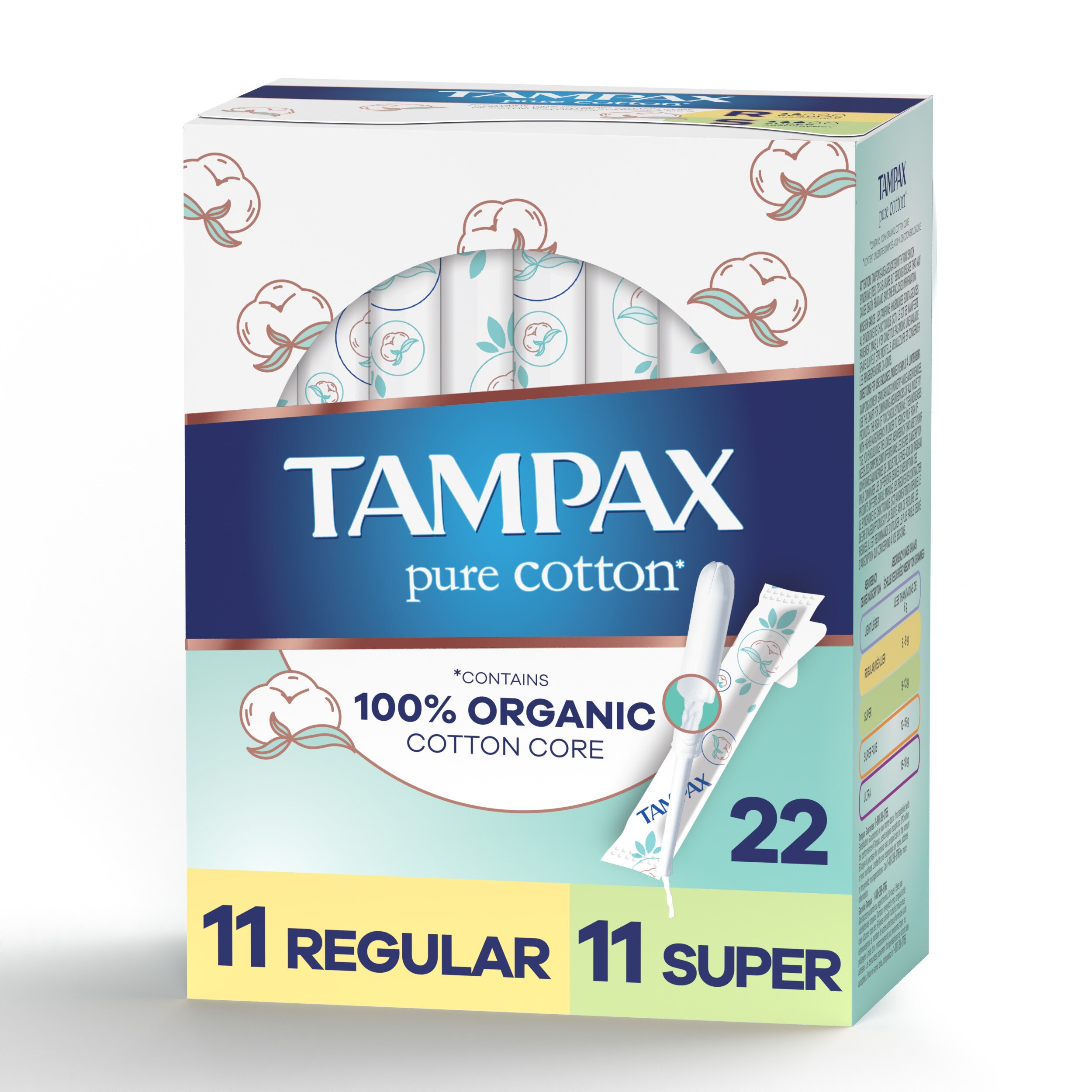 Tampax Pure Cotton Tampons, Contains 100% Organic Cotton Core, Unscented, Regular/Super, 22 CT