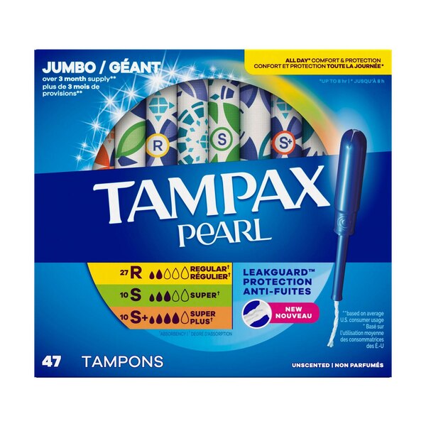 Tampax Pearl Tampons with LeakGaurd Braid, Unscented, Jumbo, 47 CT