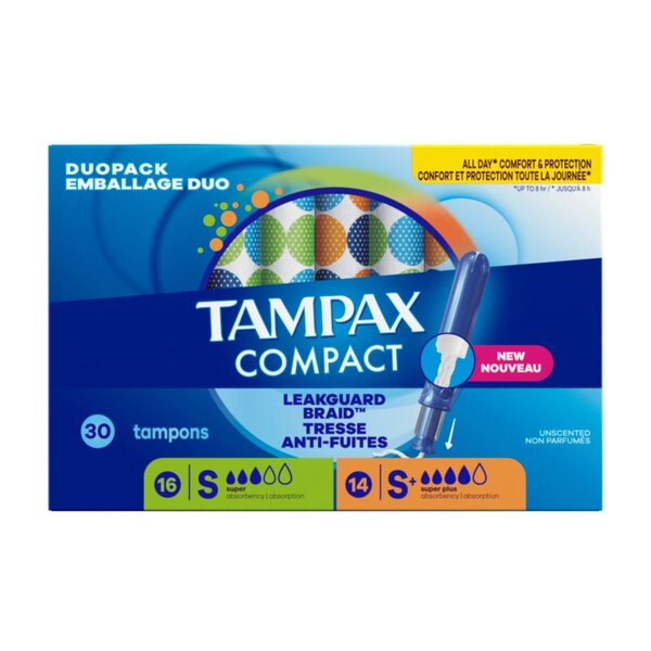 Tampax Compact Tampons, Super/Super Plus Duo Pack, 30 CT
