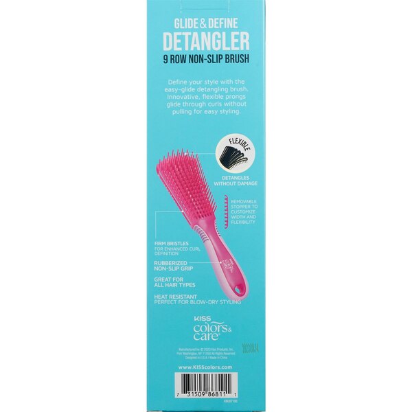 Kiss Colors Care Glide & Define Detangler 9 Row Non-Slip Brush, Pink
