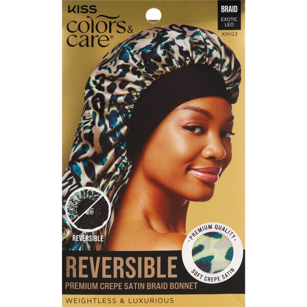 Kiss Colors & Care Reversible Premium Crepe Satin Braid Bonnet, Exotic Leo