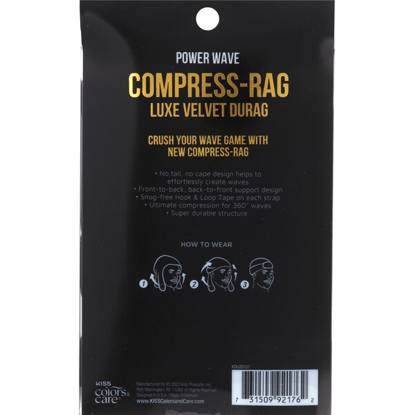 KISS Colors & Care Compress Power Wave Luxe Velvet Durag, Black, One Size