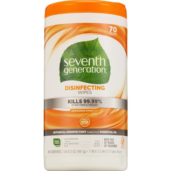 Seventh Generation Disinfectant Wipes, Lemongrass Citrus, 70 ct