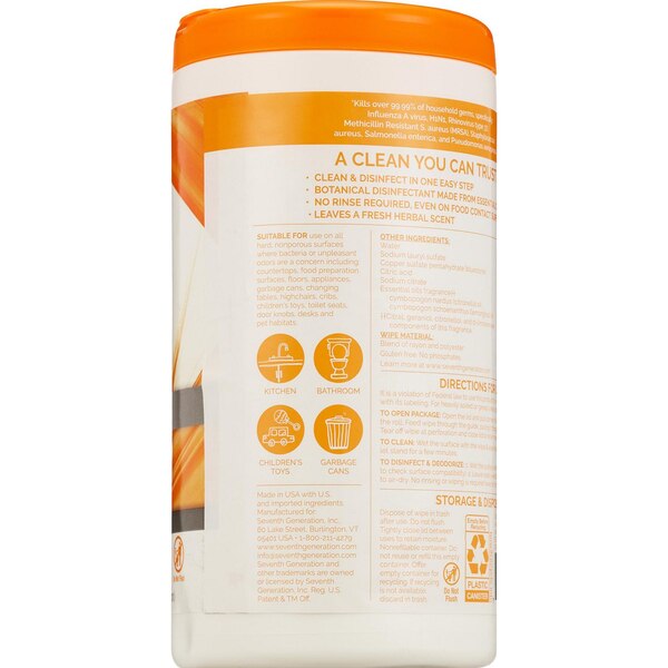 Seventh Generation Disinfectant Wipes, Lemongrass Citrus, 70 ct