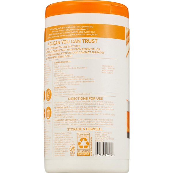 Seventh Generation Disinfectant Wipes, Lemongrass Citrus, 70 ct