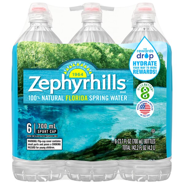 Zephyrhills Brand 100% Natural Spring Water, Sport Cap Bottles, 6 ct, 23.7 oz
