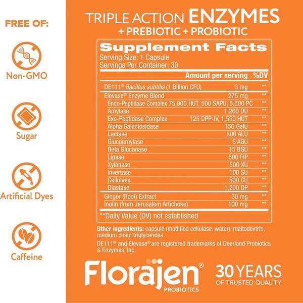 Florajen Triple Action Digestive Enzymes, 30 CT