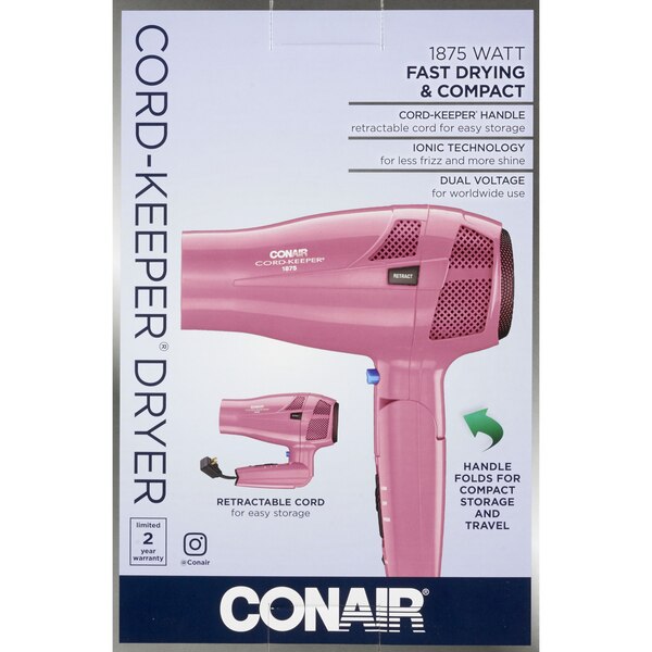 Conair Cord-Keeper 1875W Compact Hair Dyer, Pink