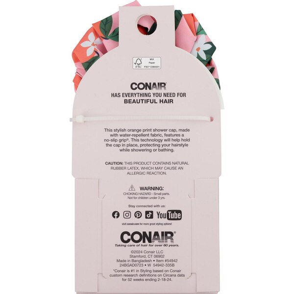Conair Shower Cap with No Slip Grip, Orange Print, 1 CT
