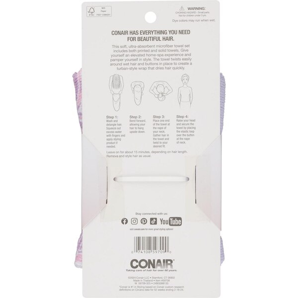 Conair Ultra-Absorbent Microfiber Towels, Multicolor, 2 CT