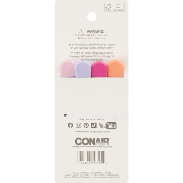 Conair Unbreakable Salon Clips, Assorted Colors, 4 CT