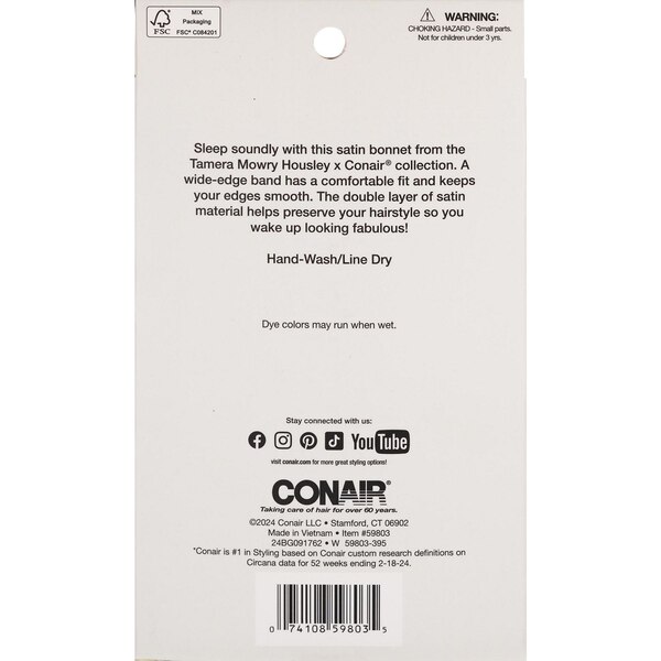 Conair Tamera Textured Hair Wide Edge Silky Satin Sleep Cap, Medium