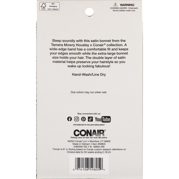 Conair Tamera Textured Hair Silky Satin Printed Sleep Cap, L-XL