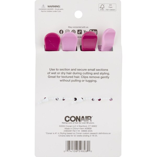 Conair Tamera Textured Hair Sectioning Clips, Pink, 4 CT