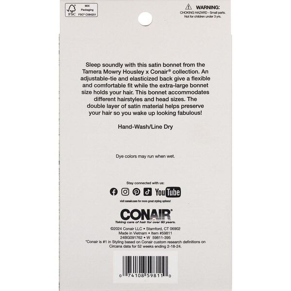 Conair Tamera Mowry Housley Adjustable Tie Satin Bonnet, L-XL