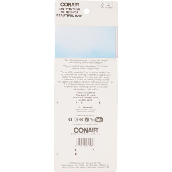 Conair Lift, Style & Detangle Assorted Combs, 3 CT