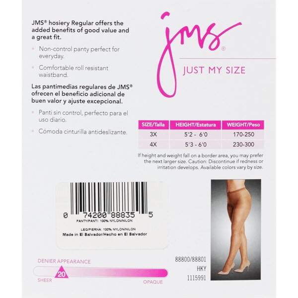 Just My Size Regular Reinforced Toe Pantyhose Size 4X Off Black