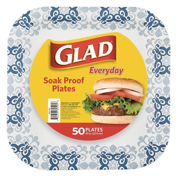 Glad 10 Inch Square Soak Proof Disposable Paper Plates, Victorian Print Pattern, Blue, 50 CT