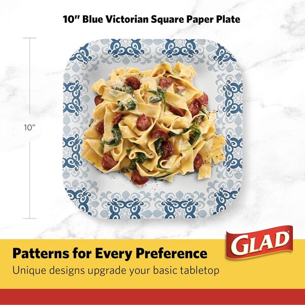 Glad 10 Inch Square Soak Proof Disposable Paper Plates, Victorian Print Pattern, Blue, 50 CT