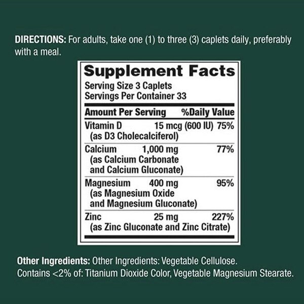 Nature's Bounty Calcium Magnesium Zinc Coated Caplets, 100 CT