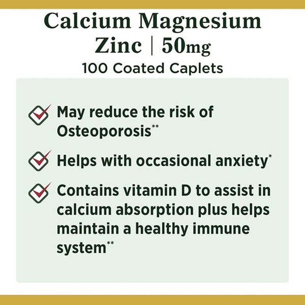 Nature's Bounty Calcium Magnesium Zinc Coated Caplets, 100 CT