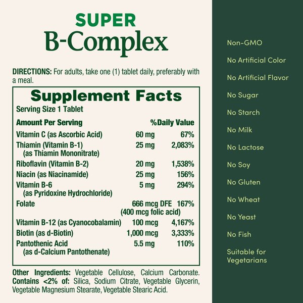 Nature's Bounty Super B Complex with Folic Acid plus Vitamin C Tablets, 150CT