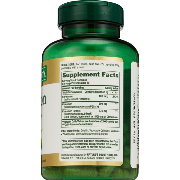 Nature's Bounty Cinnamon Plus Chromium - Suplemento dietario en cápsulas, 2000 mg, 60 u.