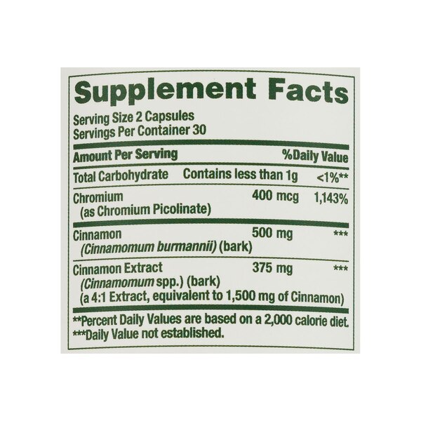 Nature's Bounty Cinnamon Plus Chromium - Suplemento dietario en cápsulas, 2000 mg, 60 u.