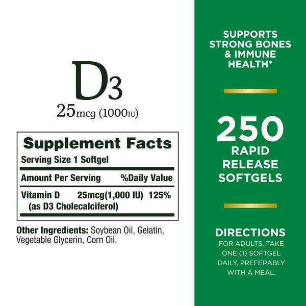 Nature's Bounty Vitamin D3  Rapid Release Softgels, 25 mcg