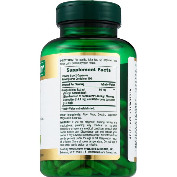 Nature's Bounty Ginkgo Biloba Capsules 60mg, 200 CT