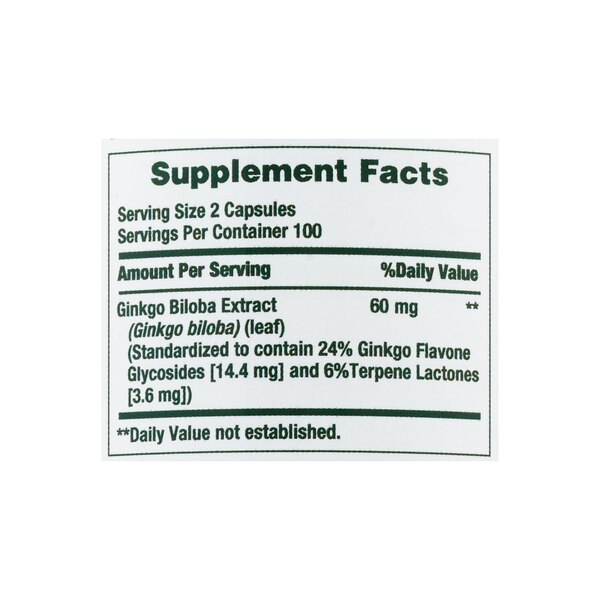 Nature's Bounty Ginkgo Biloba Capsules 60mg, 200 CT