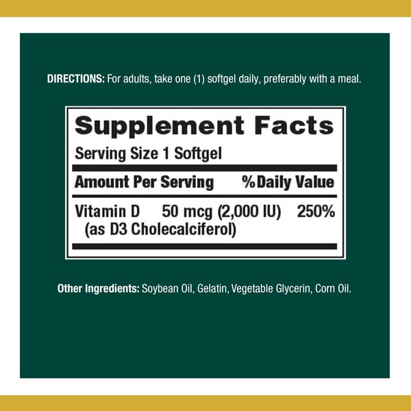 Nature's Bounty Vitamin D3, 2000 IU Immune Health Softgels, 150 CT