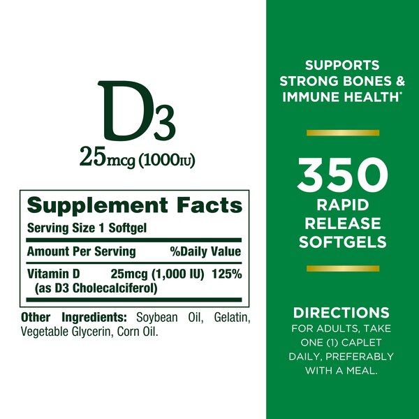 Nature's Bounty Vitamin D3  Rapid Release Softgels, 25 mcg