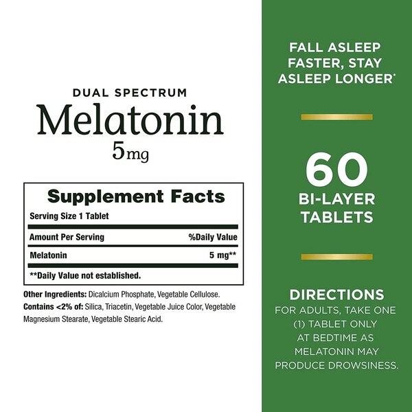 Nature's Bounty Dual Spectrum Melatonin 5mg Bi-Layer Tablets, 60 CT
