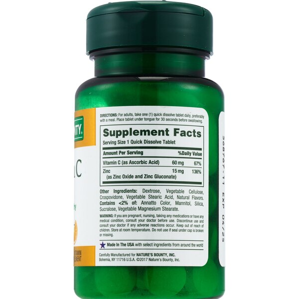 Nature's Bounty Vitamin C Plus Zinc Quick Dissolve Tablets, 60 CT