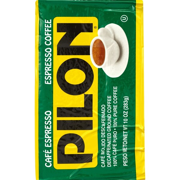 Pilon Decaffeinated Espresso Coffee, Dark Roast, Ground, 10 OZ Brick