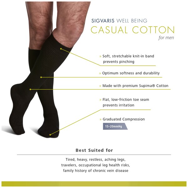 Sigvaris Well-being Men's Casual Cotton Compression Socks, Black, 15-20mmHg
