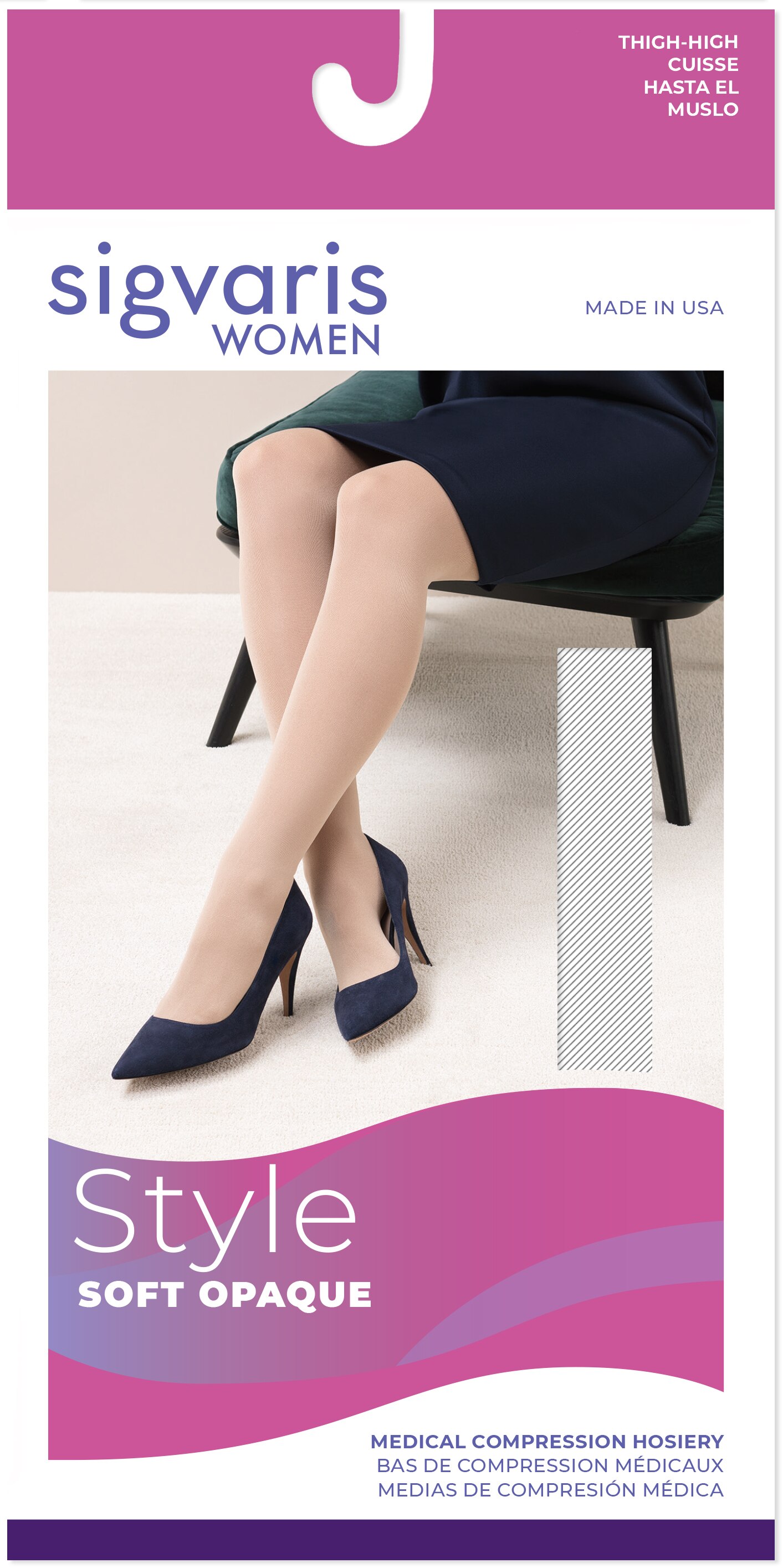 SIGVARIS Women's Style Soft Opaque 840 Thigh-High Open-Toe 20-30mmHg, Med Short Black