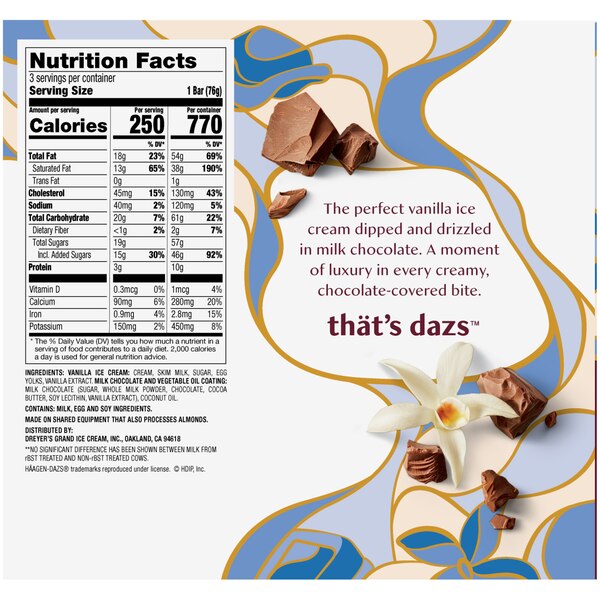 Haagen-Dazs Vanilla Milk Chocolate Ice Cream Bars, 3ct