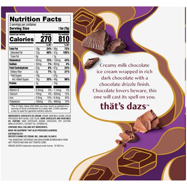 Haagen-Dazs Chocolate Dark Chocolate Ice Cream Bars, 3ct