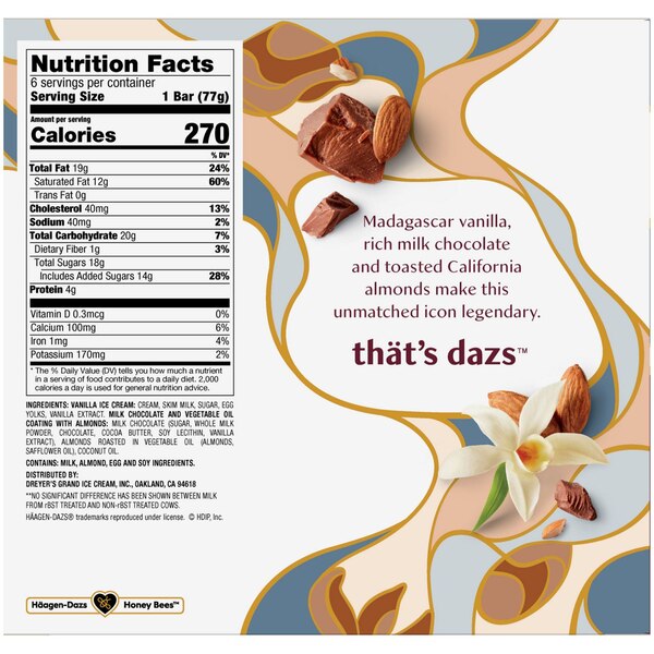 Haagen-Dazs Vanilla Milk Chocolate Almond Ice Cream Bars, 6ct