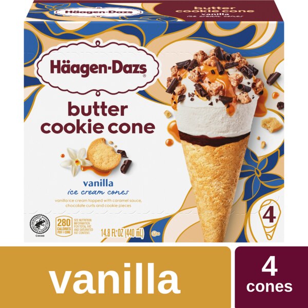 HAAGEN-DAZS Cookie Cone Vanilla Ice Cream 4x3.72floz Box