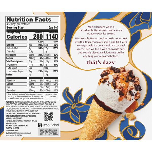 HAAGEN-DAZS Cookie Cone Vanilla Ice Cream 4x3.72floz Box