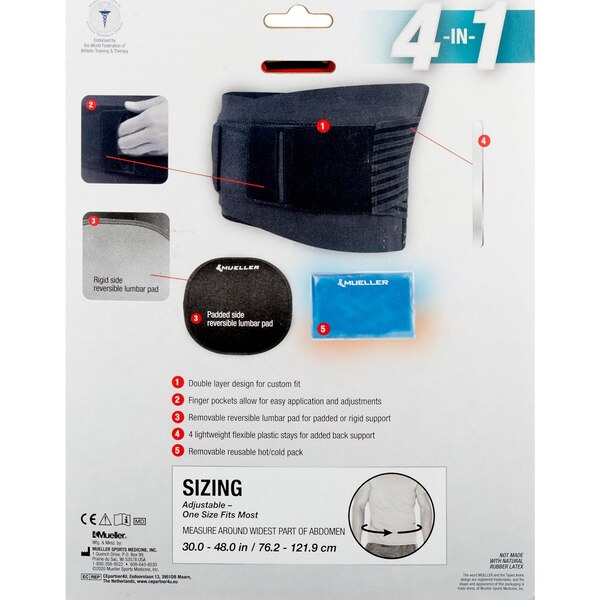 Mueller 4-in-1 Hot/Cold Lumbar Back Brace, One Size, Black